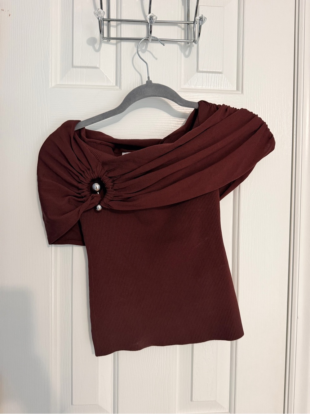 Zara Off-Shoulder Ruched Crop Top in Deep Burgundy